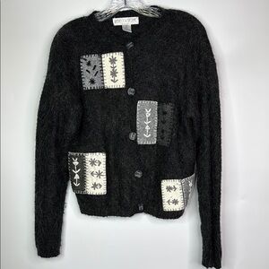 Vintage Rebecca Stone Gray Button Up Floral Applique Cardigan Sweater Medium
